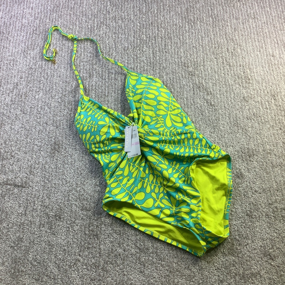 Trina Turk‎ Lime Green Tropical Leaf Halter One Piece Swimsuit Size 6 NWT